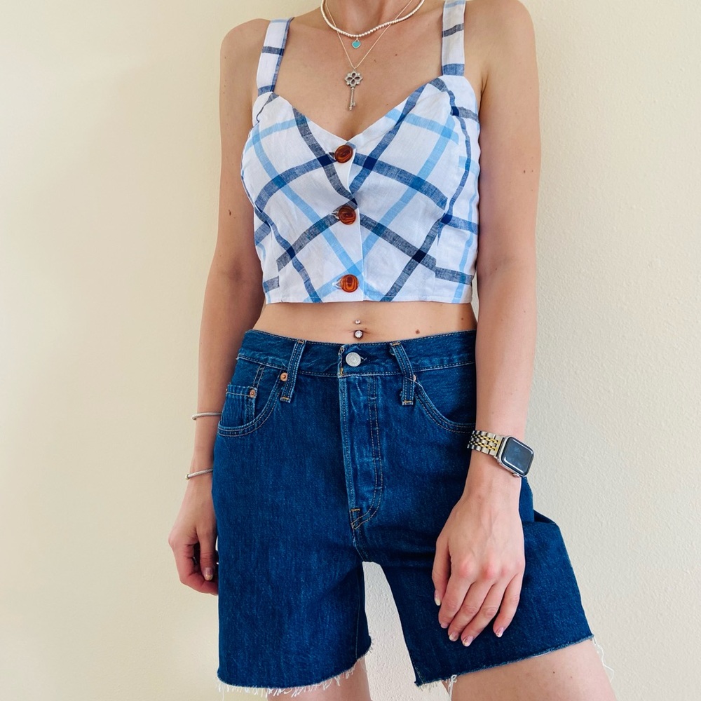 NWT Levi's 501 High waisted Rise Mid Thigh Denim Jean Shorts Blue Raw Hem
